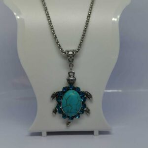 Turtle / Tortoise Turquoise Gemstone and Rhinestone Pendant on a Silver Coloured Necklace