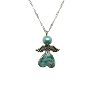 Sterling Silver Water Wave Necklace with Aqua Blue Guardian Angel