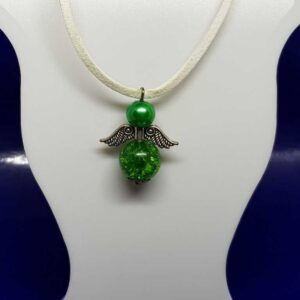 White Soft Leather - Suede Necklace with Emerald Green Guardian Angel Pendant
