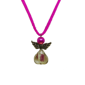 Cerise Pink Soft Suede Necklace with Cerise Pink and White Angel