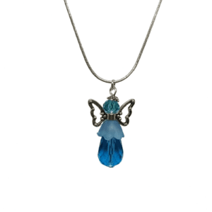 Sterling Silver Snake Chain Necklace with Turquoise Blue Crystal Type Angel Pendant