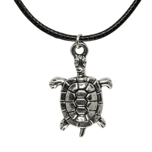 Black Leather Cord Necklace with Silver Coloured Turtle Pendant