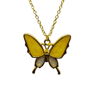Gold Coloured Butterfly Pendant with Glittery Yellow and Silver Wings on a Gold Coloured Necklace