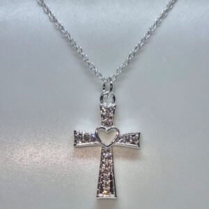 Silver Colour Heart Cross Pendant with Clear Zircon Crystals on a Sterling Silver Necklace