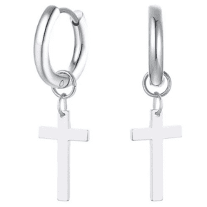 Stainless Steel Hooped Earrings with Small Hanging Cross Pendants