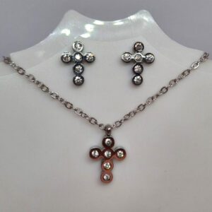 Stainless Steel Cross Necklace and Earrings Set with Clear Cubic Zirconia Crystals