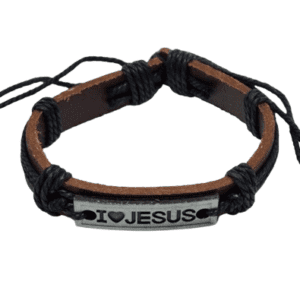 Brown Leather and Black Adjustable Jesus Bracelet