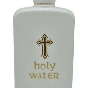 White Plastic Holy Water Bottle with Gold Coloured Print