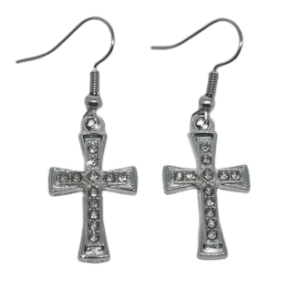 Silver Coloured Hanging Cross Earrings with Clear Zircon Crystals