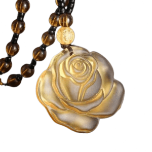 Natural Stone Rose Flower Pendant Necklace with Black and Amber Beads