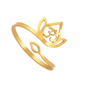 Hindu OM Symbol Lotus Gold Coloured Stainless Steel Adjustable Ring