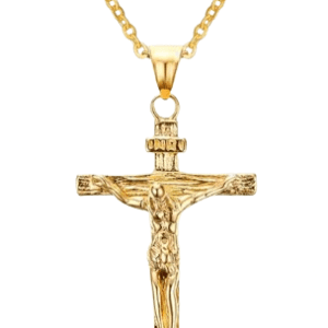Gold Coloured Necklace and Gold Coloured Cross Crucifix Pendant