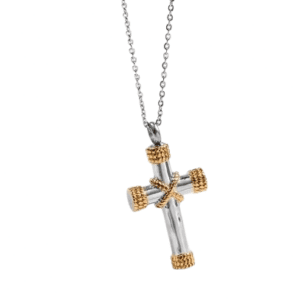 Small Gold and Silver Coloured Cross Locket Pendant on a Stainless Steel Necklace