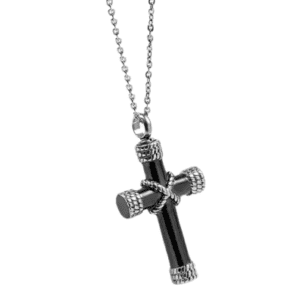 Small Black and Silver Coloured Cross Locket Pendant on a Stainless Steel Necklace