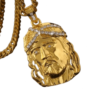 Gold Coloured Curb Necklace with Jesus Head Pendant