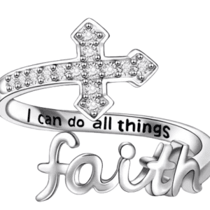 Silver Coloured Metal Adjustable Faith Cross Ring with Clear Crystals