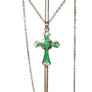 Silver Adjustable Necklace with Silver Coloured Cross Pendant with Green Opal Style Centre