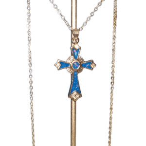 Silver Coloured Adjustable Necklace with Silver Coloured Cross Pendant with Blue Opal Style Colouring