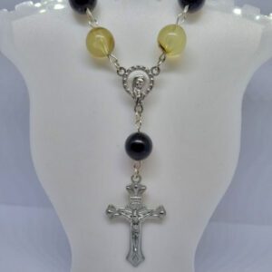 Small Bracelet with Cream and Brown Beads with Silver Coloured Crucifix Pendant