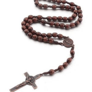 Dark Brown Wooden Beaded Prayer Rosary Necklace with Bronze Coloured Cross Pendant