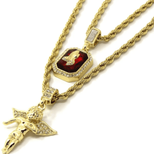 Gold Coloured Double Necklace with Praying Hands and Angel Pendants