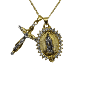 Gold Coloured Necklace with Gold and Silver Coloured Cross Pendant and Clear Rhinestones