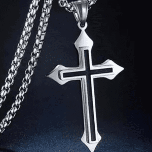 Silver Coloured Necklace with a Black Cross Pendant with Points