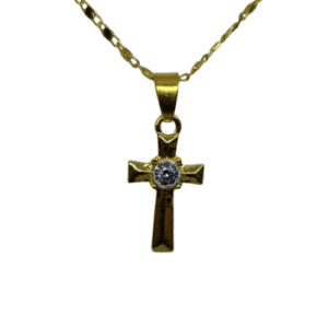 Stainless Steel Gold Coloured Necklace and Cross Pendant with Clear Rhinestone