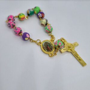 Small Colourful Beaded Bracelet with Gold Coloured Crucifix Pendant