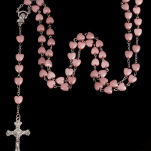 Long Pink Heart Beaded Prayer Rosary Necklace with Silver Coloured Cross Pendants