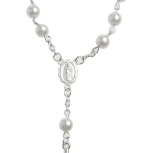 Silver Coloured Bracelet with Silver Colour and White Beads and Silver Coloured Crucifix Pendant
