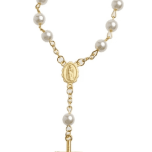 Small Bracelet Chain Beads in White and Gold Coloured Beads and Gold Coloured Crucifix Pendant