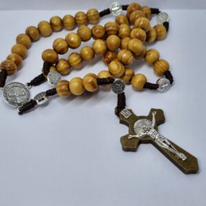 Tan Coloured Wooden Beaded Prayer Rosary Necklace Silver Metal Crucifix Cross Pendant