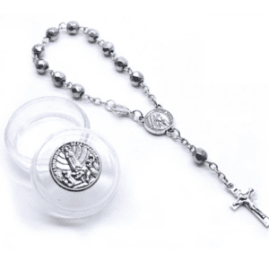 Silver Coloured Glass Beaded Bracelet with Silver Coloured Crucifix Pendant