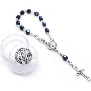 Navy Blue Glass Beaded Bracelet with Silver Coloured Crucifix Pendant