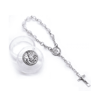 Pale Pink Glass Beaded Bracelet with Silver Coloured Crucifix Pendant