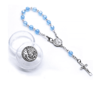 Light Blue Glass Beaded Bracelet with Silver Coloured Crucifix Pendant