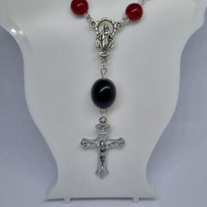 Red Cats Eye Gemstone Beaded Bracelet with Silver Coloured Crucifix Pendant