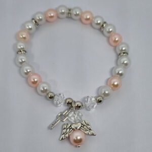 Pale Pink and White Beaded Bracelet with Silver Coloured Cross and Angel Pendant