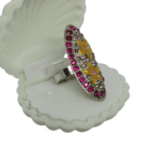 Silver Coloured Adjustable Ring with Yellow Flowers and Pink Rhinestones