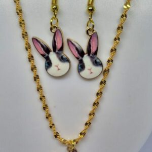 Grey and White Easter Bunny Pet Rabbit Hanging Earrings and Gold Coloured Water Wave Necklace