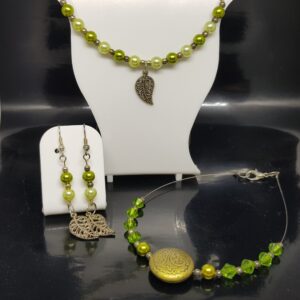 Green Silver and Bronze Coloured Necklace Earrings and Bracelet Set with Leaf Pendants