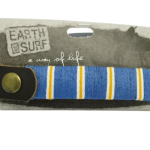 Earth and Surf Vegan Brown Leather Bracelet Wrapped in Blue White and Orange Cotton Stripes
