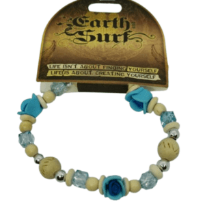 Earth and Surf Vegan Light Blue and Cream Elasticated Bracelet Wooden Beads and Blue Flowers