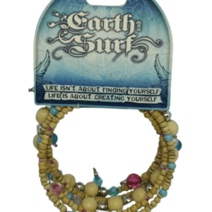 Earth and Surf Vegan Wrap Wired Bracelet with Cream Wooden Beads and Plastic Baby Blue and Pink Beads