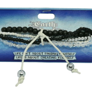 Earth and Surf Vegan 6 in 1 Elasticated Bracelet in Black White Clear and Silver Coloured Beads