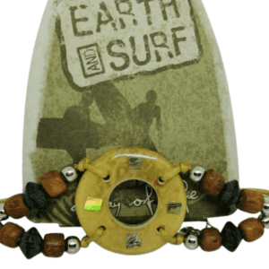 Earth and Surf Vegan Tan Corded Bracelet with Brown Black and Silver Coloured Beads with Cream Round Centre Pendant with Shell