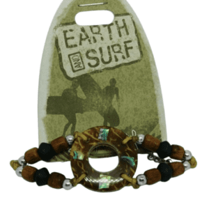 Earth and Surf Vegan Tan Corded Bracelet with Brown Black and Silver Coloured Beads with Brown Round Centre Pendant with Shell