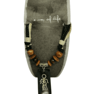 Earth and Surf Vegan Brown Cream and Black 5 Corded Necklace with Wooden Beads and Stick Man Pendant