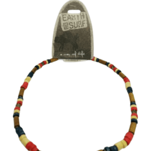 Earth and Surf Vegan Mixed Wooden Beaded Necklace in Red Cream Blue and Silver